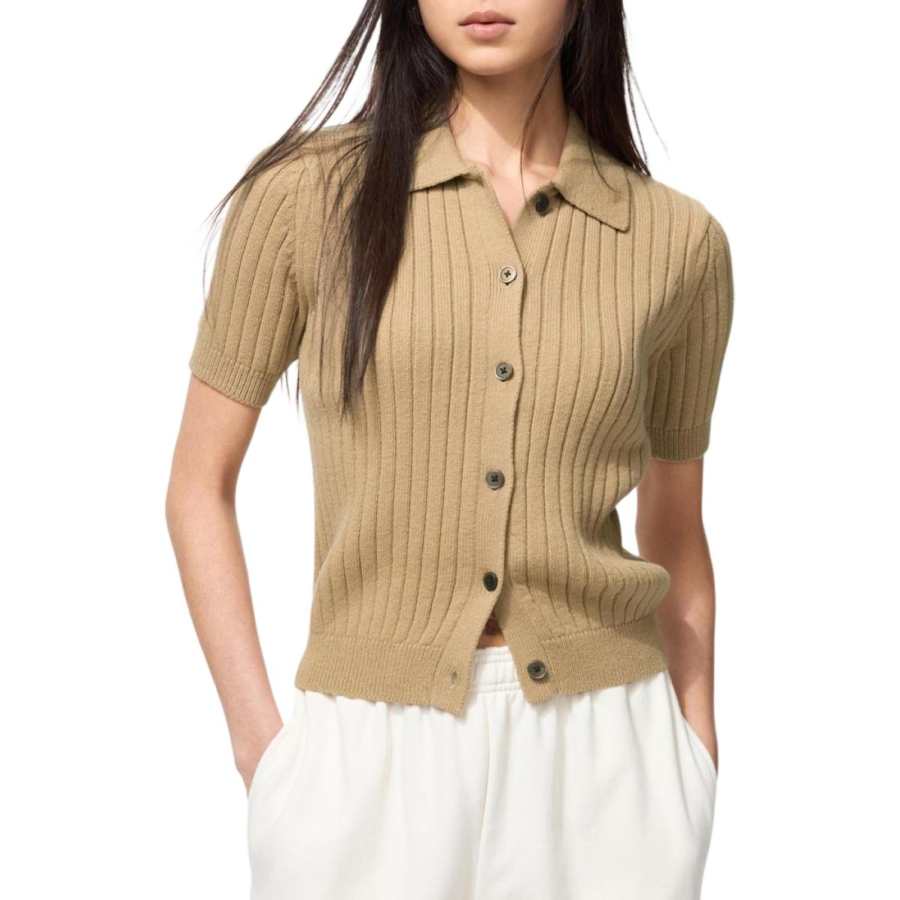 UNIQLO Knitwear Women's Dark Beige Polo Collar Moderate Cardigan