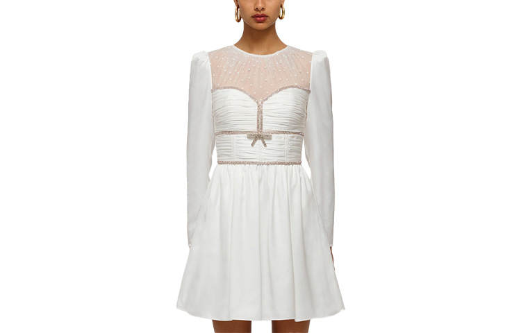 Self-portrait Self Portrait Long Sleeved Dresses Women's White Crew Neck Moderate Short