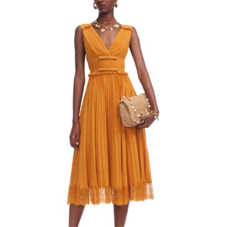 Self-portrait pleated lace-trimmed dress