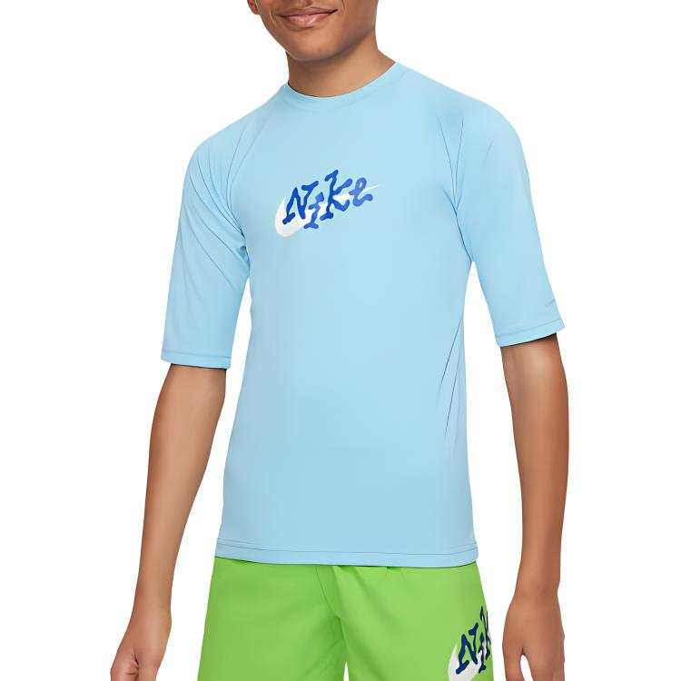 Nike Nike Big Kids' Boys' Short Sleeve Hydroguard Kids' Swimsuit Aquarius Blue Teenagers