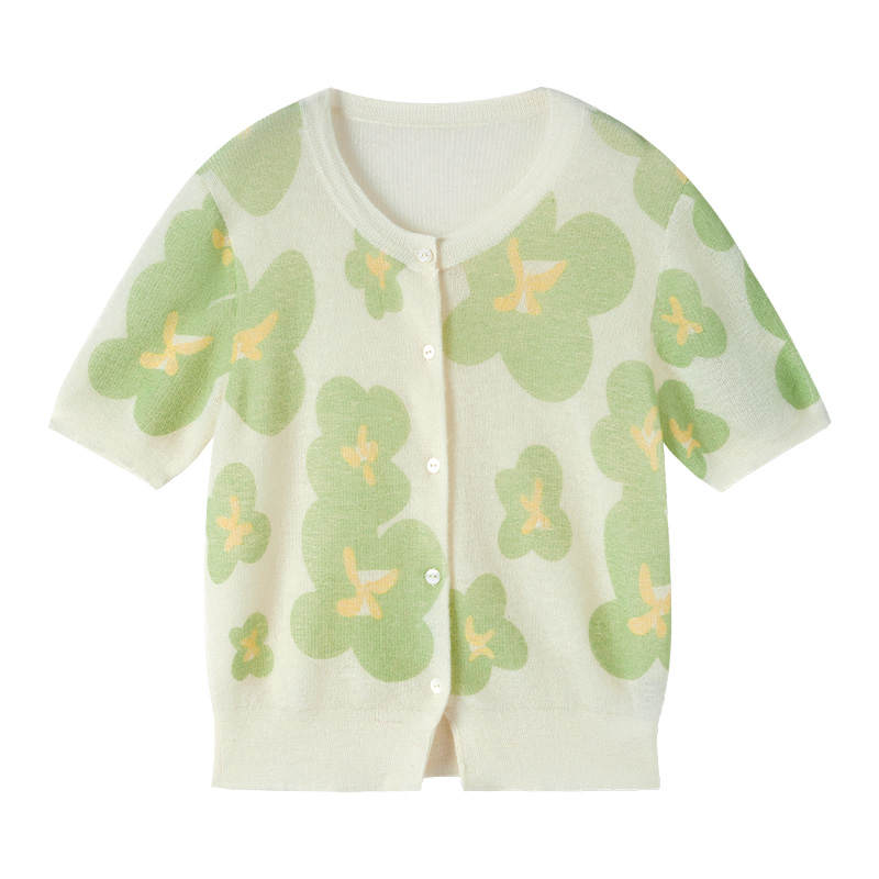 XIANGYING Knitwear Women's Green Floral Crew Neck Thin Cardigan