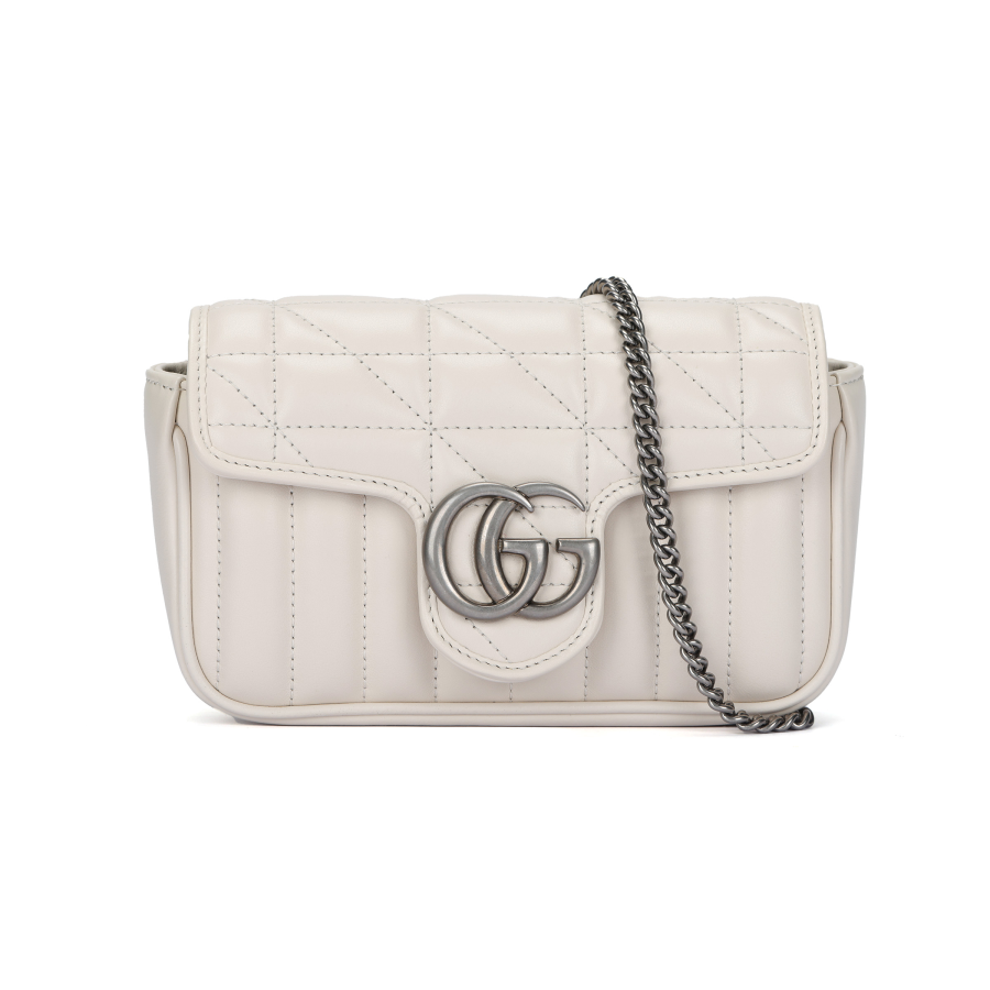 GUCCI GG Marmont Leather Mamon 16 Chain Flap Bag Shoulder Bag, Crossbody Bag Extra Mini Women's White