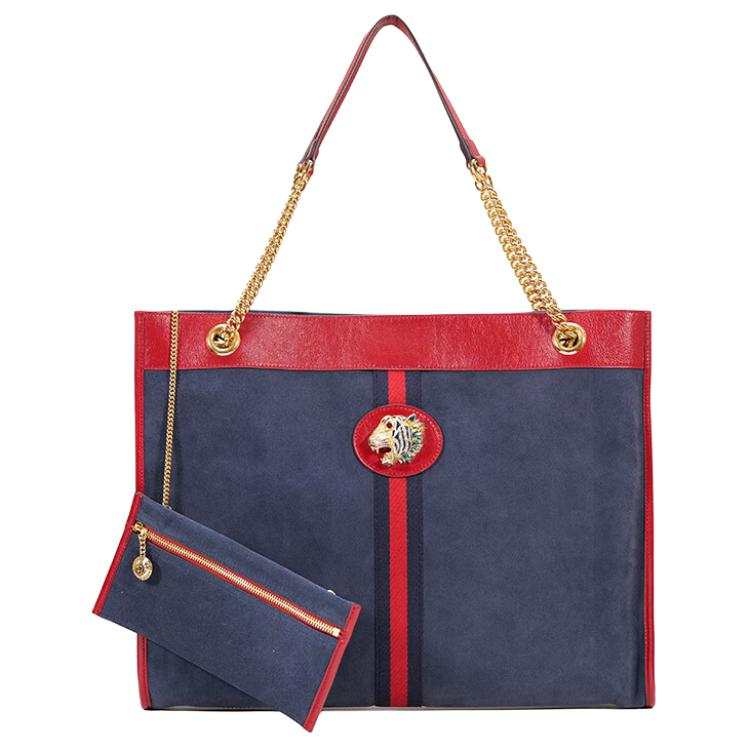 GUCCI Suede Tote Bag, Shopping Bag, Shoulder Bag Large Women's Navy Blue & Red