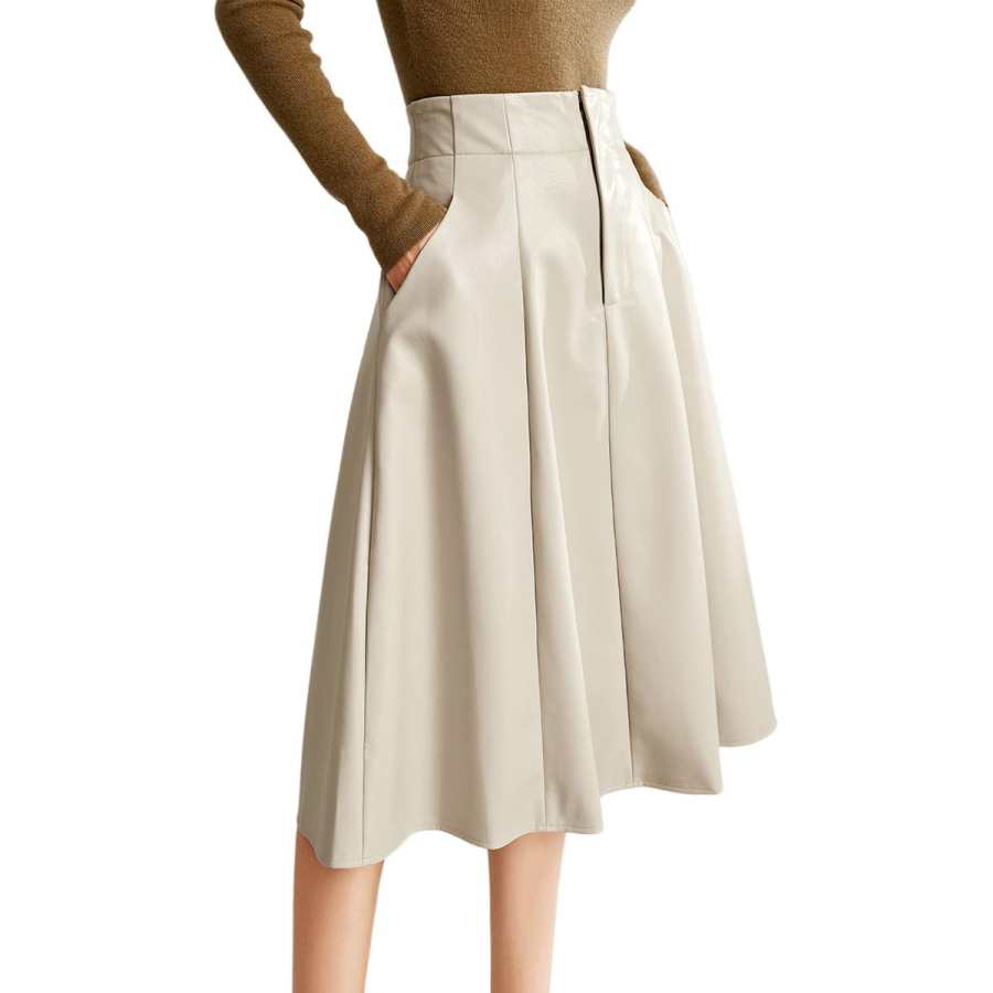 ELLE Leather Long Skirts Women's Moderate Mid Length A Line Skirt