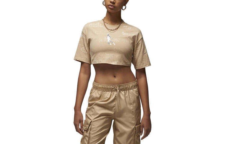 Jordan Jordan Artist Series By Parker Duncan Crop Tops Women's Khaki Crew Neck Moderate