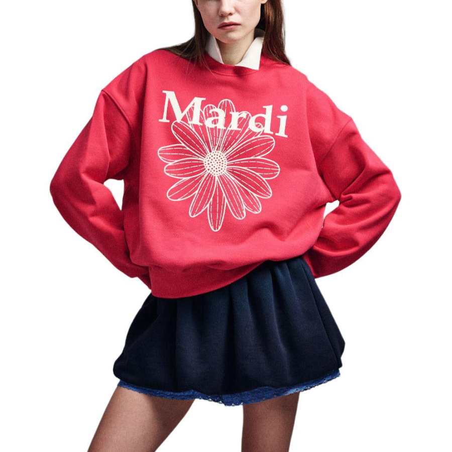 MARDI MERCREDI SWEATSHIRT FLOWERMARDI RED IVORY Sweatshirt Korean Style Women's Ivory