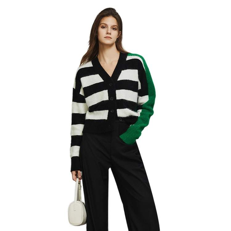 ELLE Knitwear Women's Black White Stripes V Neck Moderate Cardigan