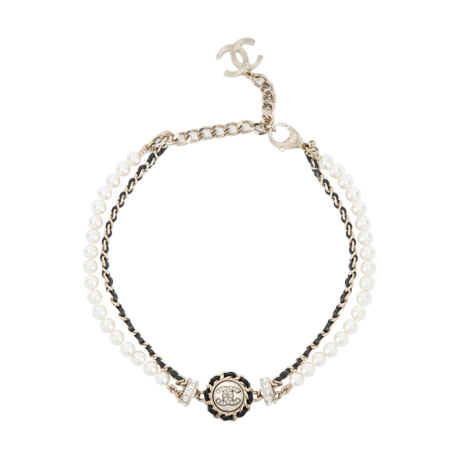 Chanel 2021 Cc Plated Faux Pearl and Rhinestone Medallion Chain Necklace costume necklace
