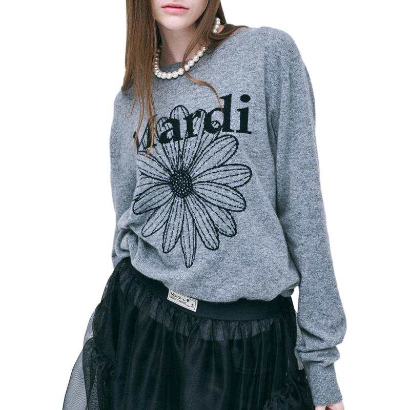 MARDI MERCREDI FW24 CASHMERE CREW NECK FLOWERMARDI GREY BLACK Sweater Korean Style Women's Gray Black