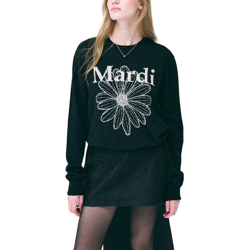 MARDI MERCREDI FW24 CASHMERE CREW NECK FLOWERMARDI BLACK CREAM Sweater Korean Style Women's Black Cream