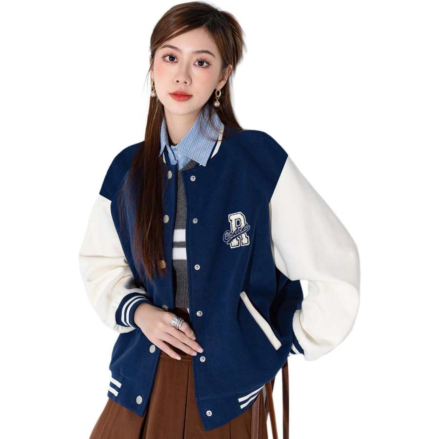 BALENO Western Casual Versatile Crew Neck Coat Patchwork Color Blocking Cardigan Top Preppy Style Fall Women's
