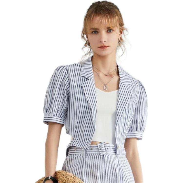 ELLE Casual Suits Women's Blue Stripes V Neck Moderate Other