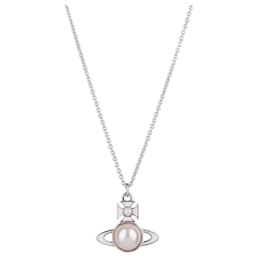 Vivienne Westwood Decoration Faux Pearl Saturn Ceramic Enamel Pendant Necklace Women's Silver