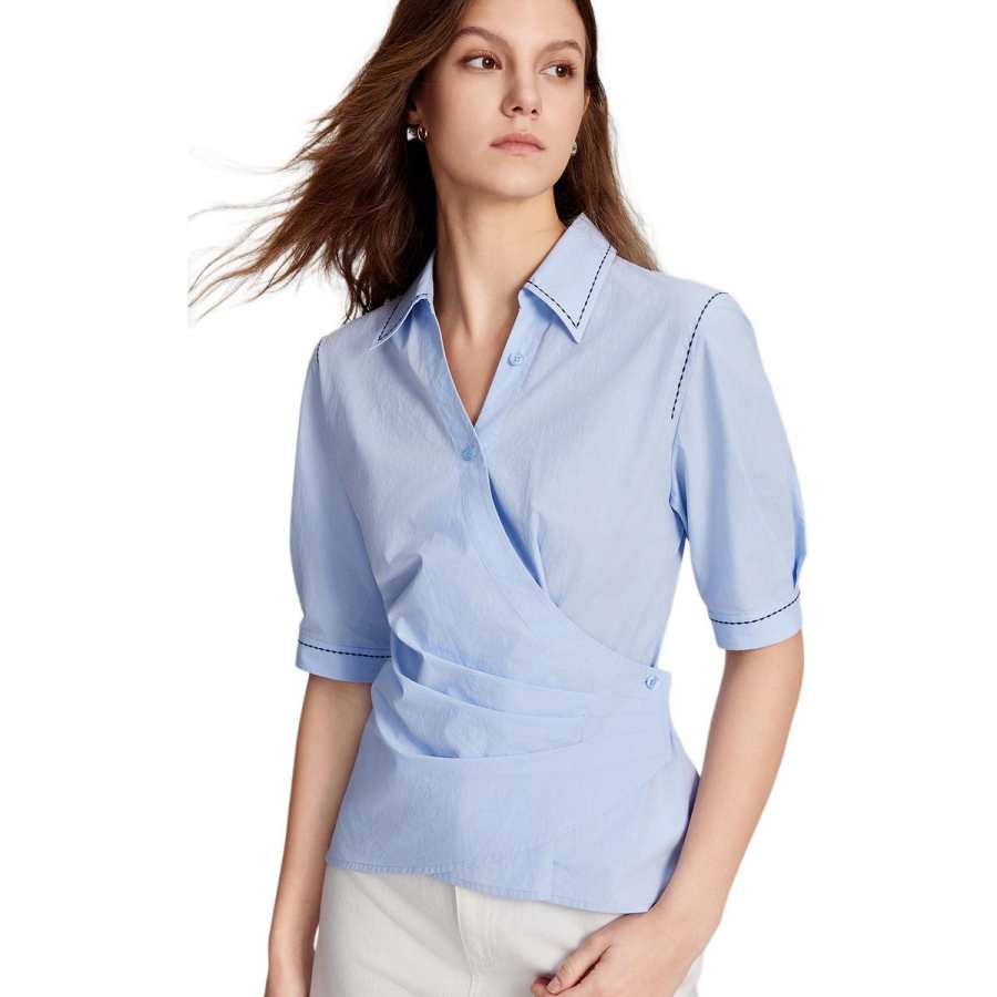 ELLE Shirts Women's Light Blue Pointed Collar Moderate Shirt