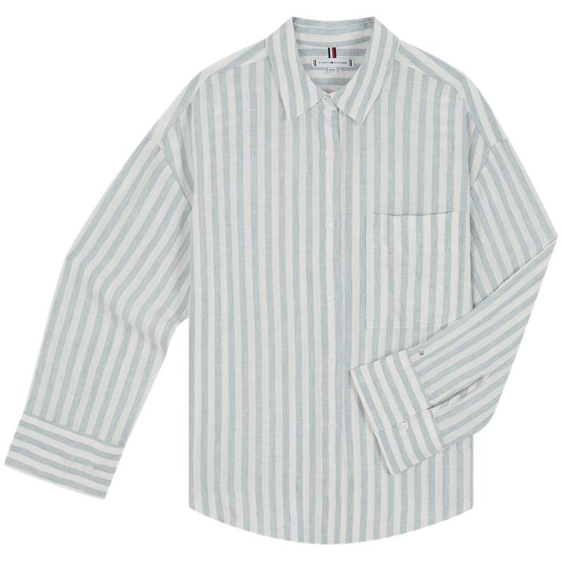 Tommy Hilfiger Shirts Women's Gray Blue White Stripes 0K5 Lapel Moderate