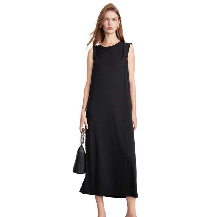 ELLE Sleeveless Dresses Women's Black Crew Neck Moderate Mid Length