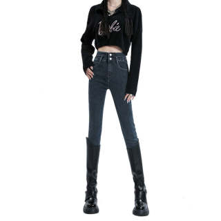 HELEH Fleece Lined Double Buckle Design Small Foot Stretch Boots Slim Fit Jeans Women's