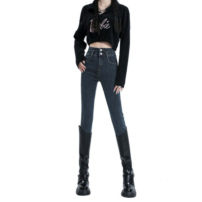 HELEH Fleece Lined Double Buckle Design Small Foot Stretch Boots Slim Fit Jeans Women's