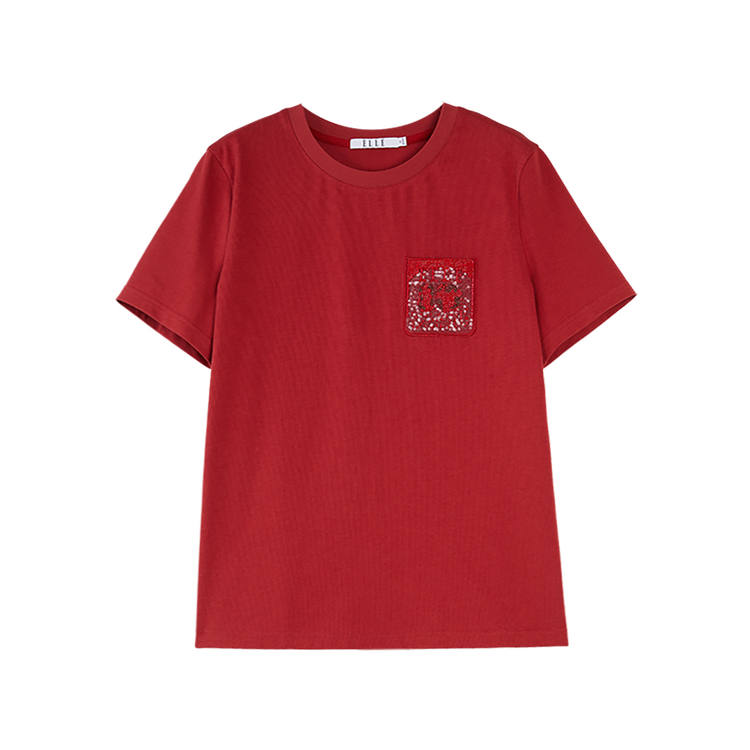 ELLE T Shirts Women's Red Crew Neck Moderate