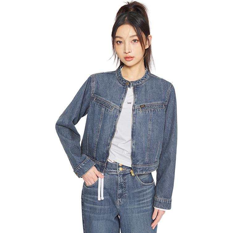 Lee Denim Jackets Women's Medium Dark Blue Stand Collar Moderate Straight Fit