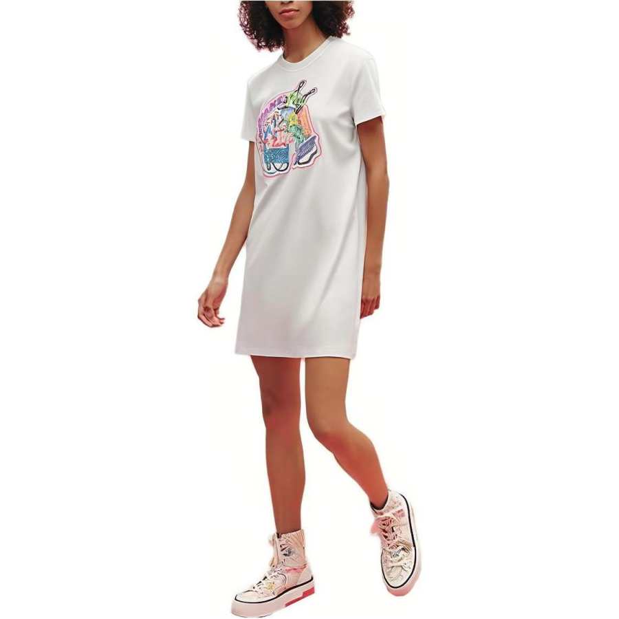 HERMES Short Sleeved Dresses Women's White Crew Neck Moderate Short