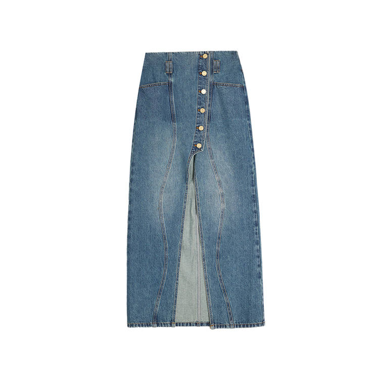 ELLE Casual Long Skirts Women's Denim Blue Moderate Long A Line Skirt