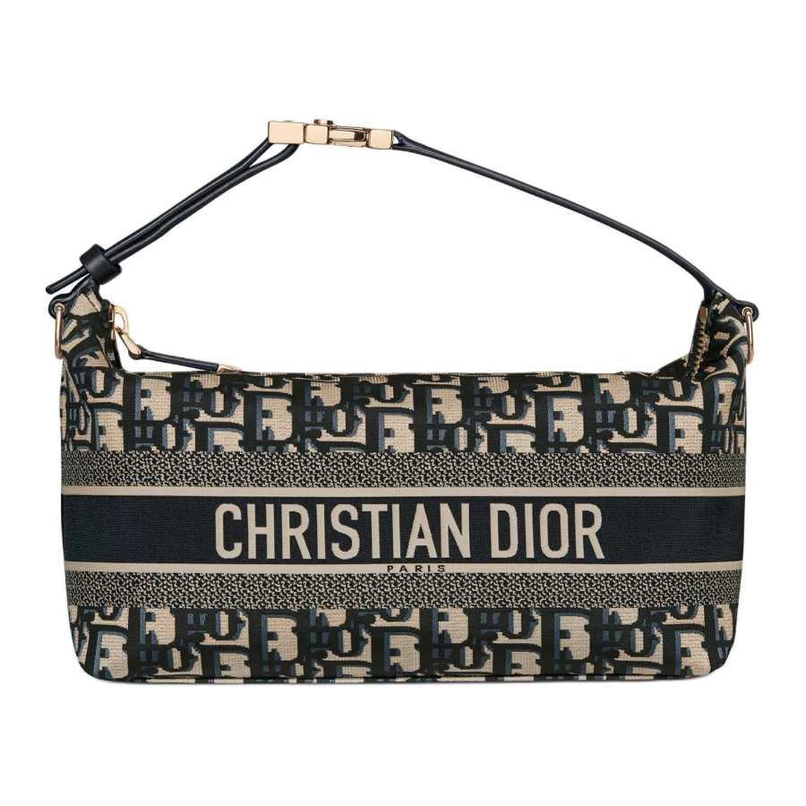 DIOR Travel Technical Fabric With Cow Leather Clutch Handbag Medium Women's Blue & Beige