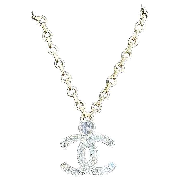 CHANEL Glass Rhinestone Metal Necklaces Women's Silver