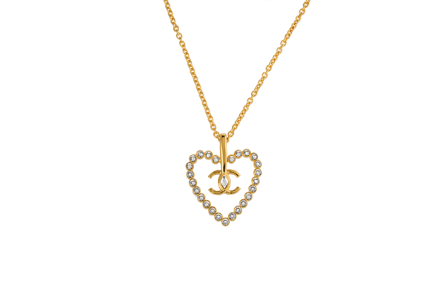 Chanel 2023 Cc Plated Heart Crystal Pendant Necklace costume necklace