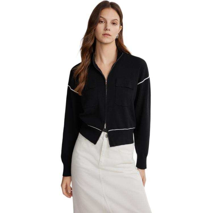 ELLE Knitwear Women's Black Stand Collar Moderate Cardigan