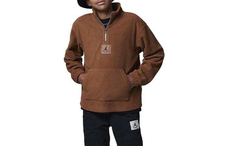 Jordan Jordan Sweatshirt Winter Solid Color Stand Collar Half Zip Design Fleece Lined Casual Umber Kids'