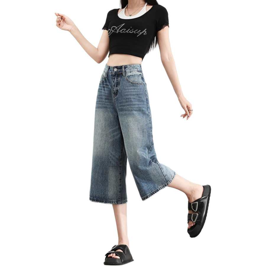 BALENO Jeans Women's Vintage Blue Washed Texture Moderate Wide Leg Pants