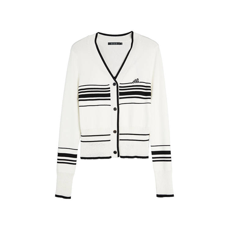 ELLE Knitwear Women's Black White V Neck Moderate Cardigan