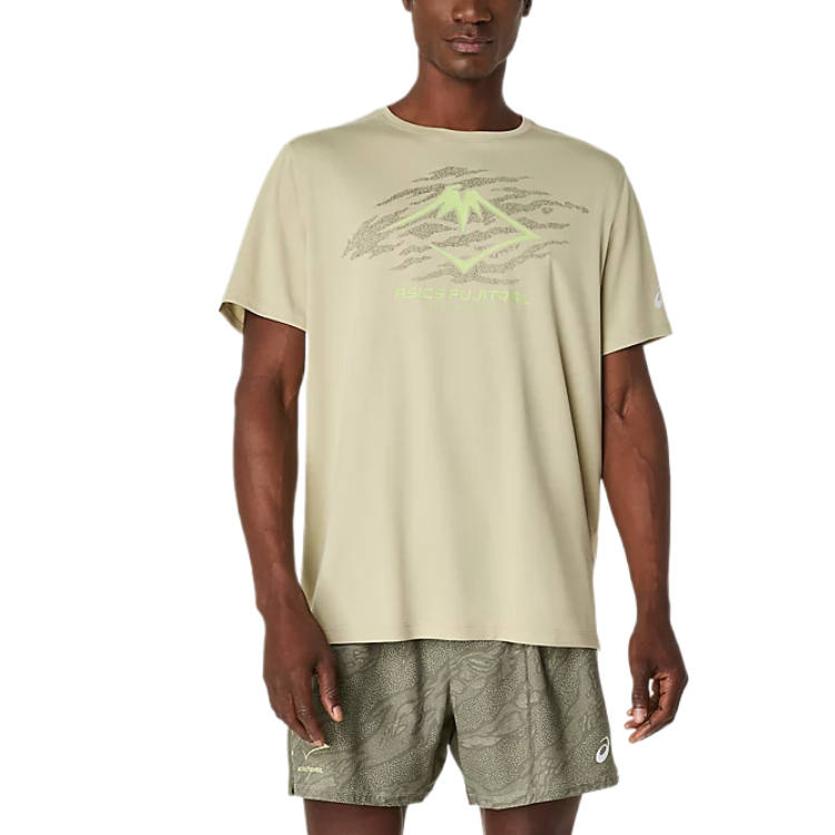 ASICS FUJITRAIL T Shirts Men's Khaki Crew Neck Moderate Straight Fit