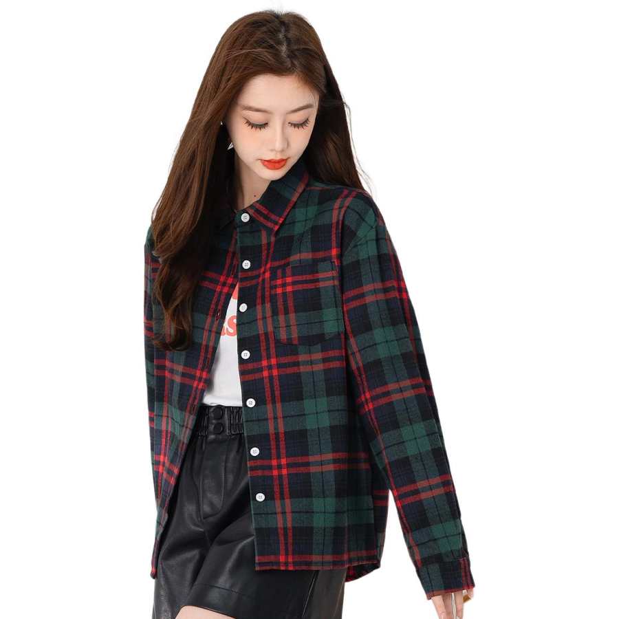 BALENO Classic British Style Plaid Shirt Lapel Top Cardigan Buttons Mid Length Long Sleeved Shirt Spring Fall Women's