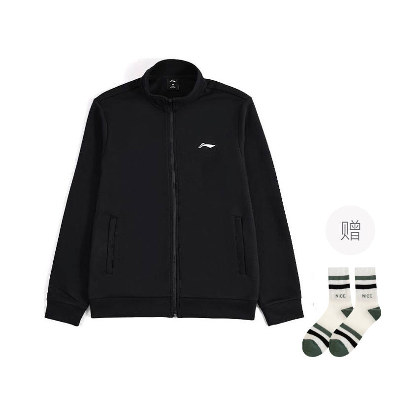 Li-Ning Li Ning Solid Color Loose Fit Fleece Lined Stand Collar Zippers Coat Jacket Unisex Black