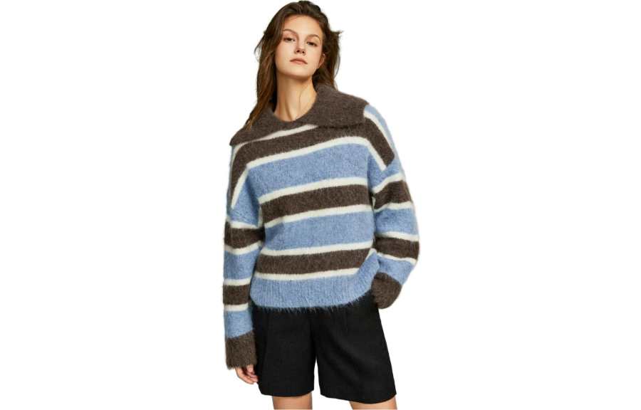 ELLE Sweaters Women's Blue Coffee Stripes Lapel Moderate Other