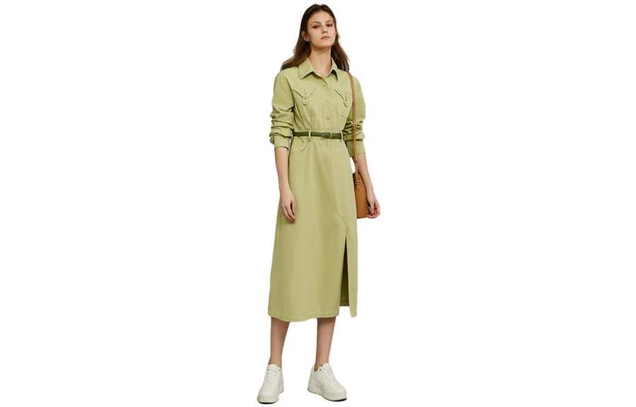 ELLE Long Sleeved Dresses Women's Green Square Collar Moderate Mid Length