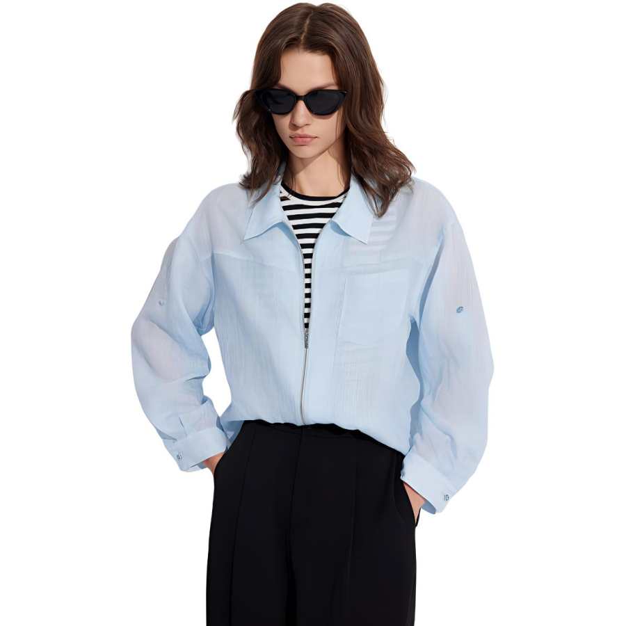 ELLE Shirts Women's Blue Lapel Moderate Shirt