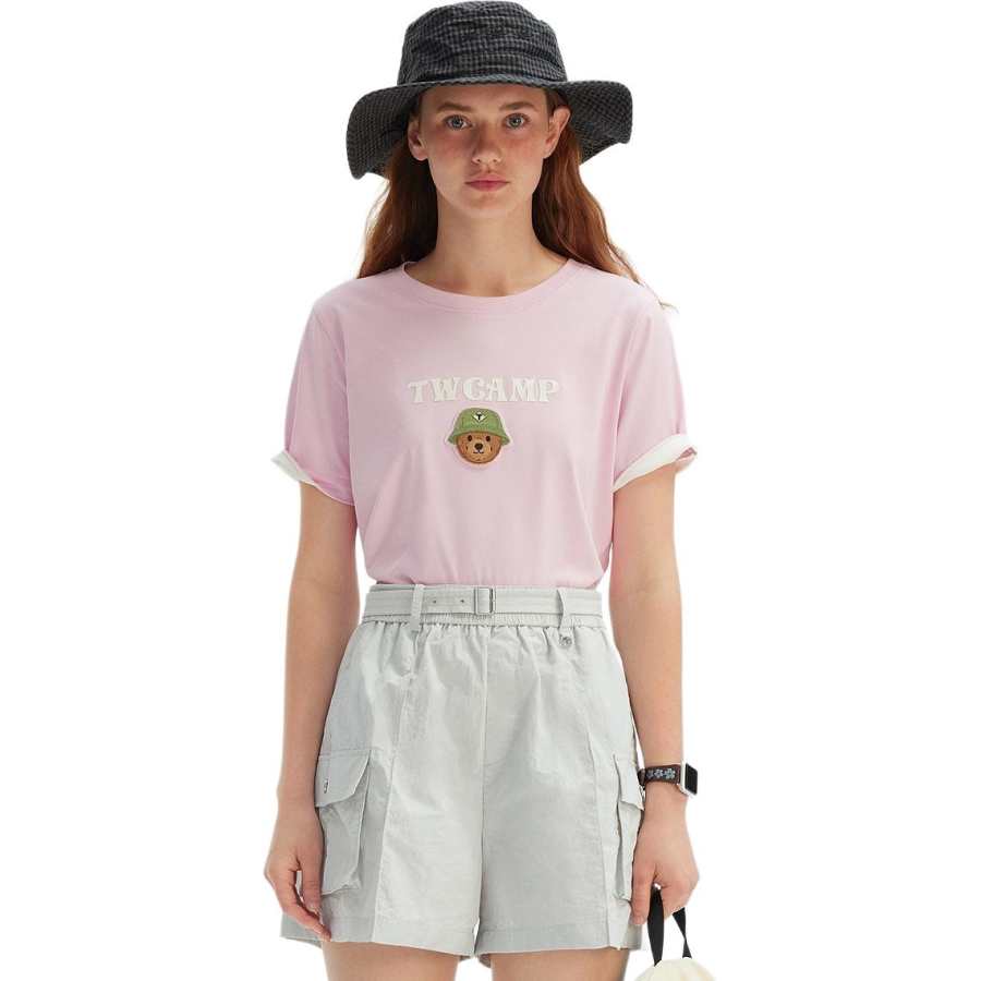 Teenie Weenie T Shirts Women's Pink Crew Neck Moderate Straight Fit
