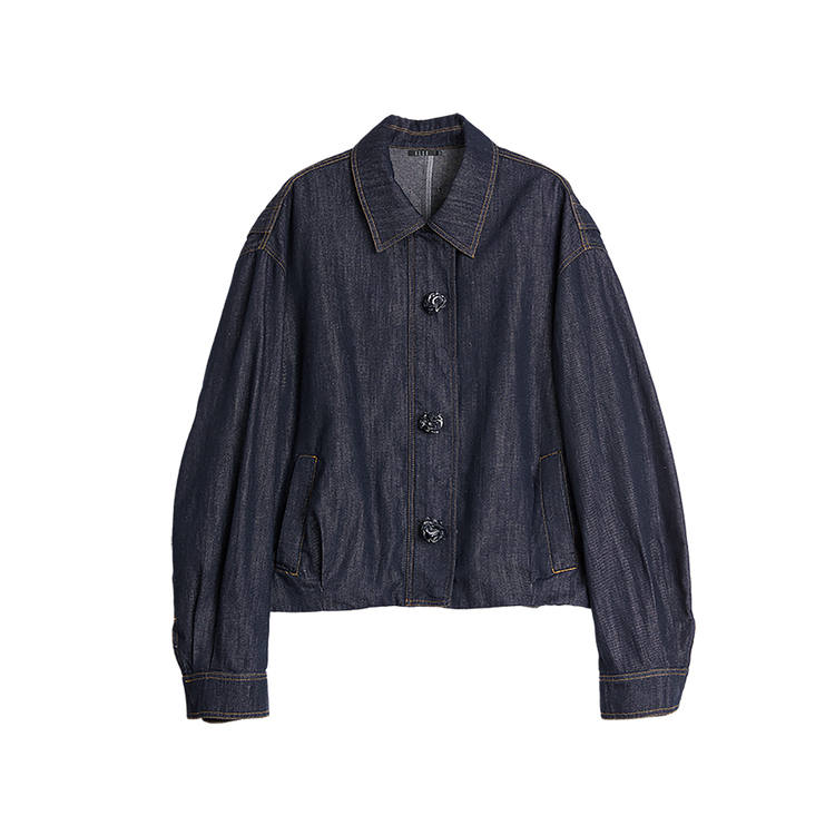 ELLE Cropped Coats Women's Denim Blue Lapel Moderate