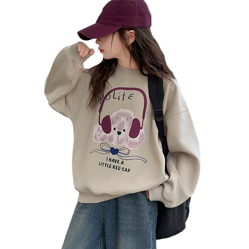 Lanza Fashionable Casual Crew Neck Drop Shoulder Thickened And Fleece Lined Long Sleeved Sweatshirt Apricot Teenagers