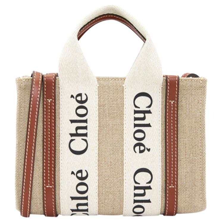 Chloé Chloe Woody Canvas With Leather Tote Shoulder Bag, Crossbody Bag, Handbag Mini Women's Ecru