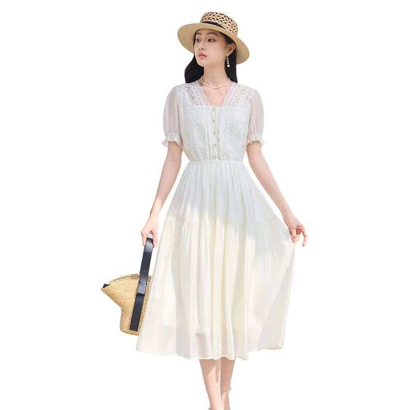 XIANGYING Short Sleeved Dress Women's Ecru