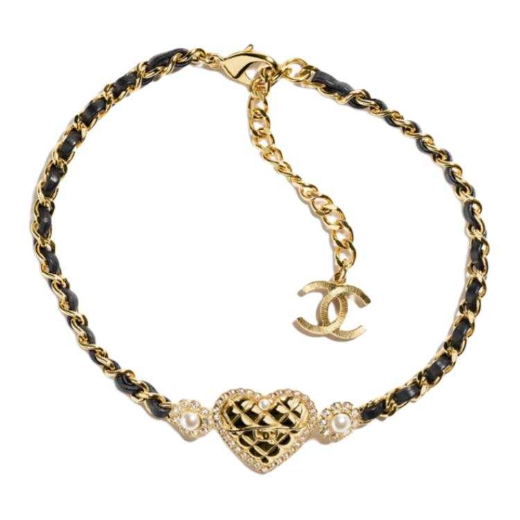 CHANEL 24A Metal, Lambskin, Crystal, Glass Pearl, Rhinestone Necklaces Unisex Black