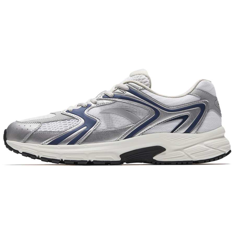ANTA Running Shoes Men's Low Top Pure White, Silver, Dark Nautical Blue