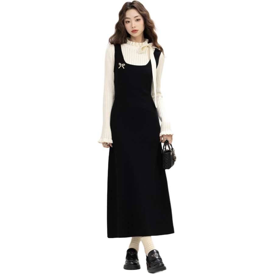 Cosyism Cocoa Cream Long Sleeved Dress Women's Black & Apricot