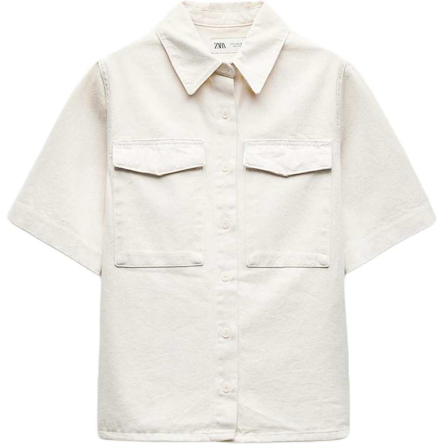 ZARA ZW Shirts Women's Beige Lapel Moderate Denim