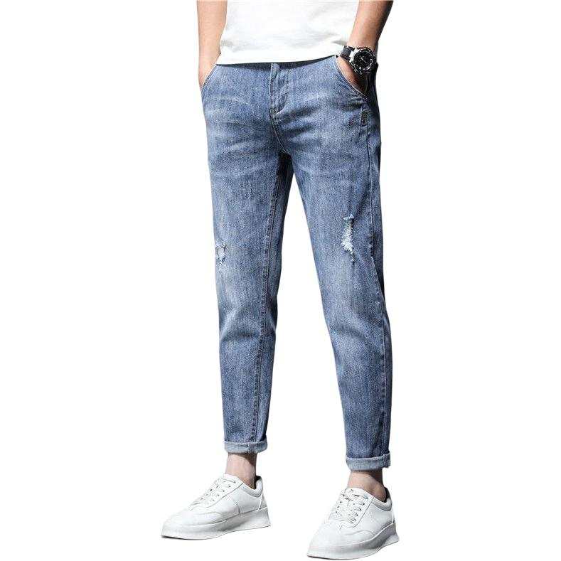 YUQIAN Jeans Men's Light Blue Moderate Ripped Pants