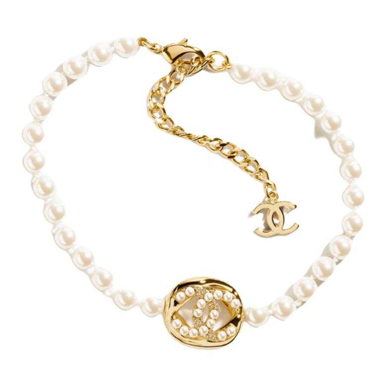 CHANEL Double C Metal, Rhinestone, Crystal, Artificial Pearl Necklaces Unisex White